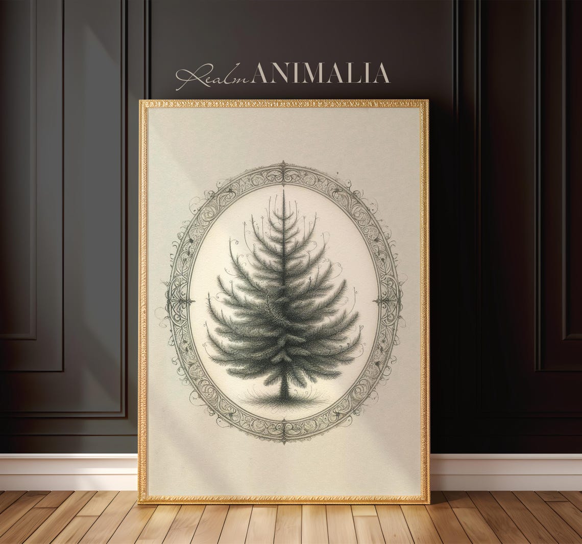 Minimalist Pine Tree Sketch In Ornate Oval Vintage Christmas Poster - Image 2