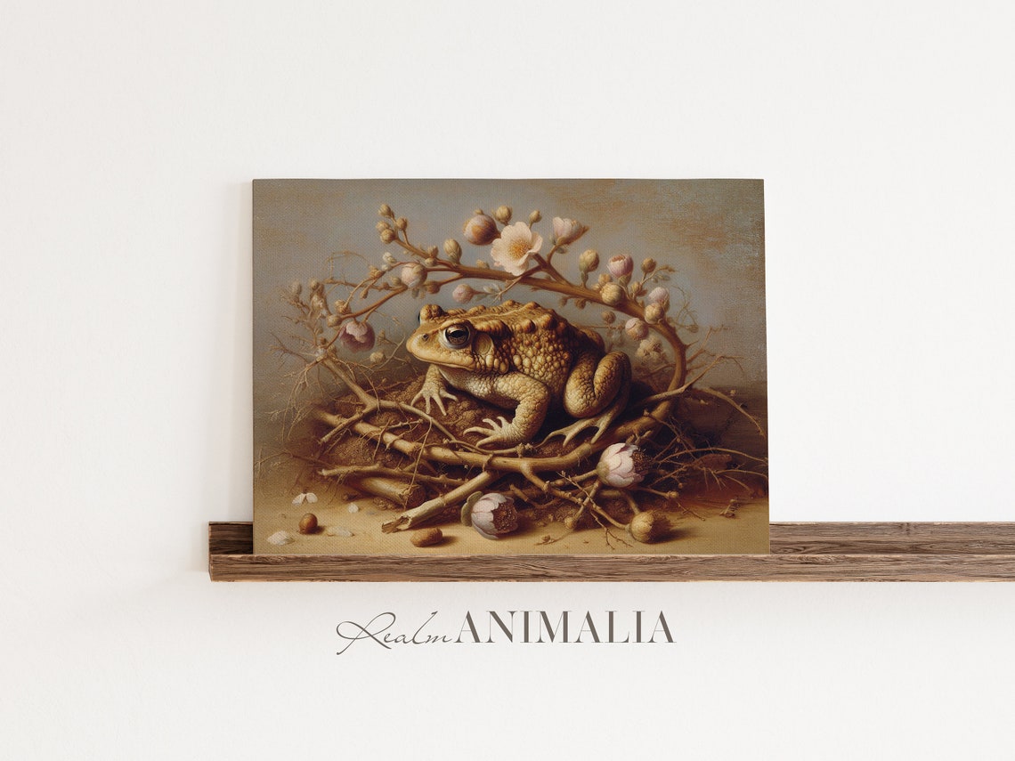 Toad Resting In Floral Nest Vintage Neutral Amphibian Wall Art Print - Image 3