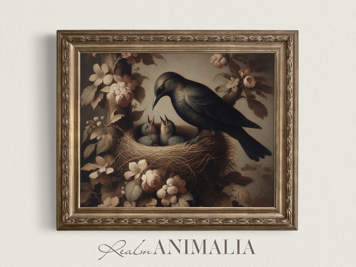 Blackbird Feeding Baby Birds In Nest Among Blossoms Vintage Wall Art Print