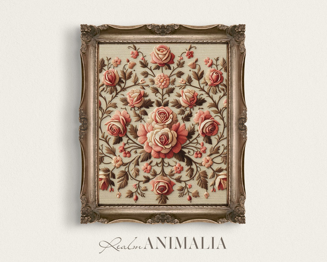 Vintage Roses Textile Embroidery Pink Floral Tapestry Botanical Poster