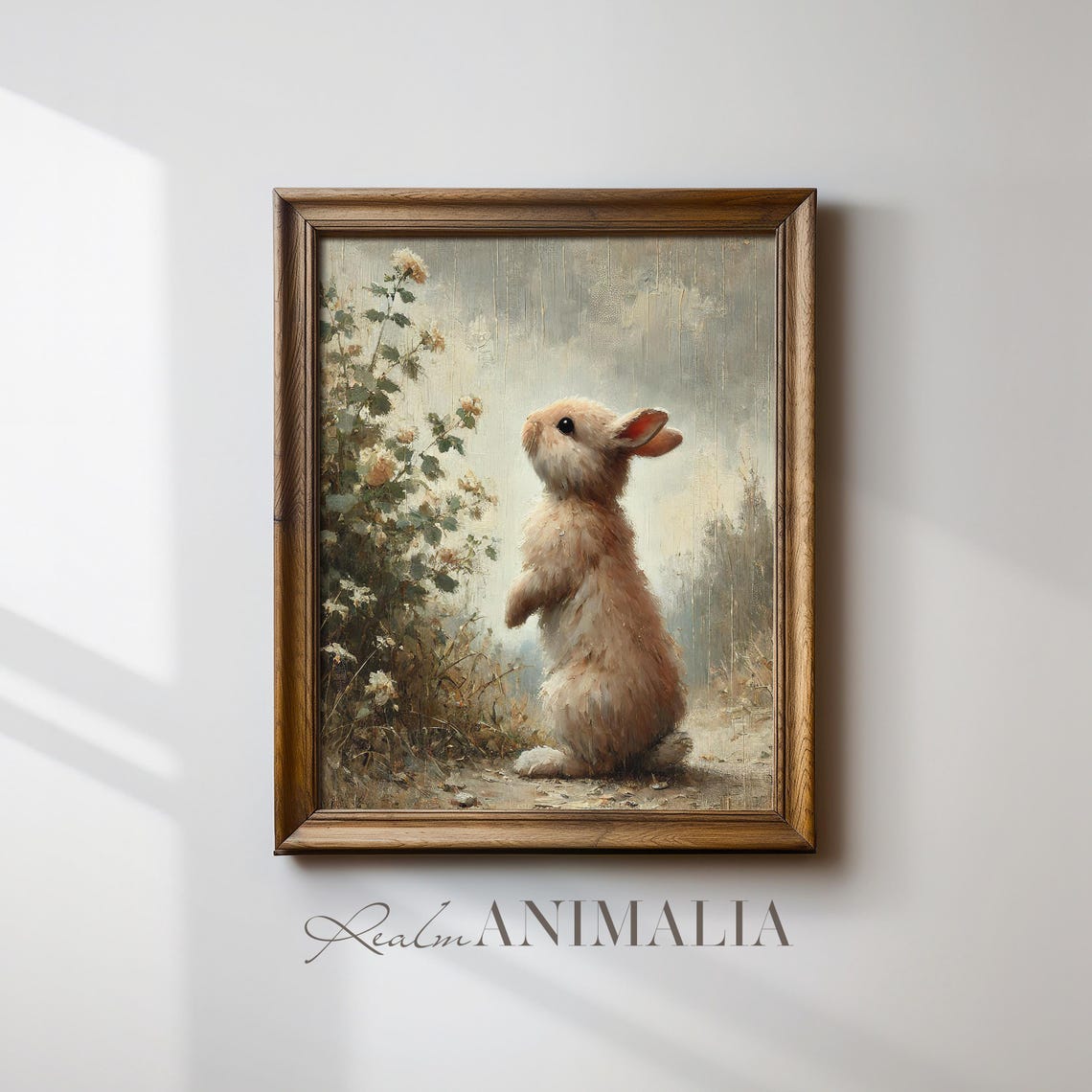 Fluffy Bunny Standing In Rain Smelling Flowers Vintage Poster - Image 4