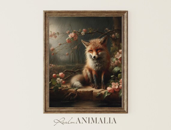 Red Fox Sitting In Spring Rain Among Pink Blossom Branches Moody Woodland Poster