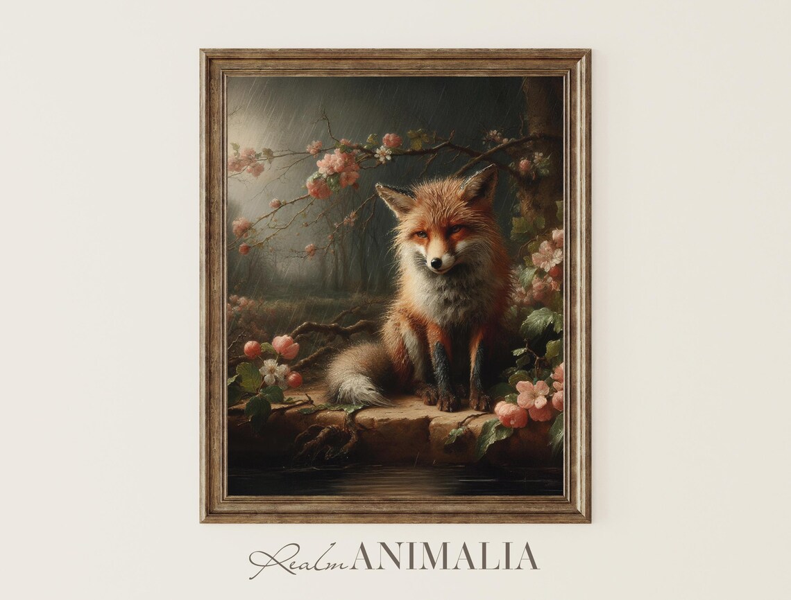 Red Fox Sitting In Spring Rain Among Pink Blossom Branches Moody Woodland Poster