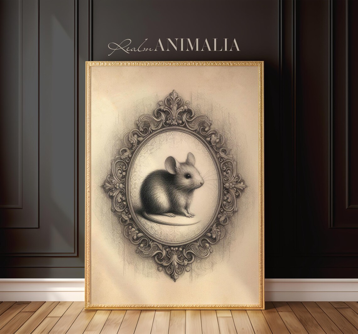 Little Mouse Sketch In Ornate Oval Frame Vintage Pencil Drawing Print - Image 2