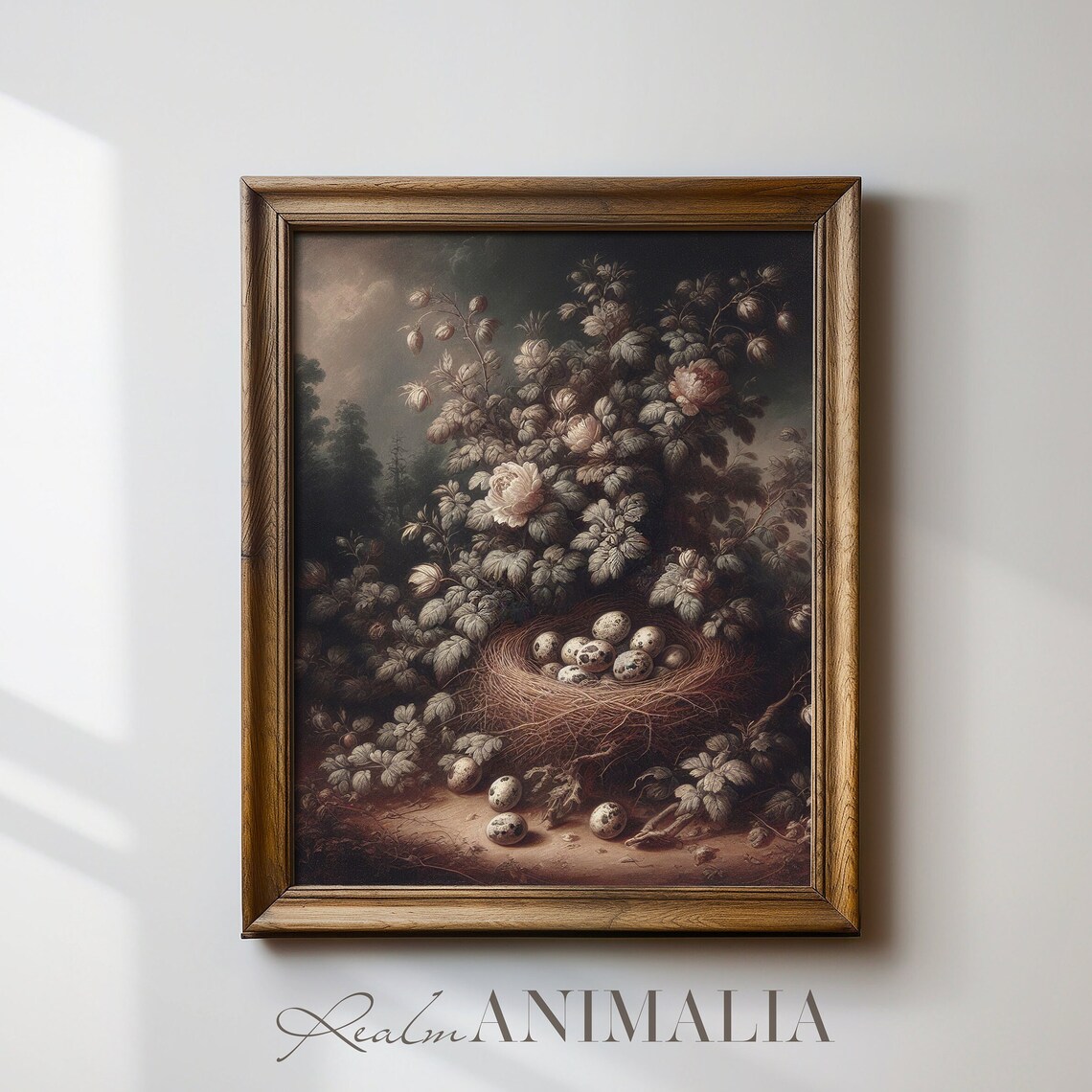 Vintage Bird Nest With Speckled Eggs Among Flowers Moody Spring Art Poster - Image 4