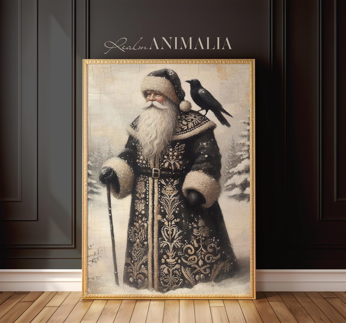 Vintage Santa and Crow Art Print, Antique Style - Image 3
