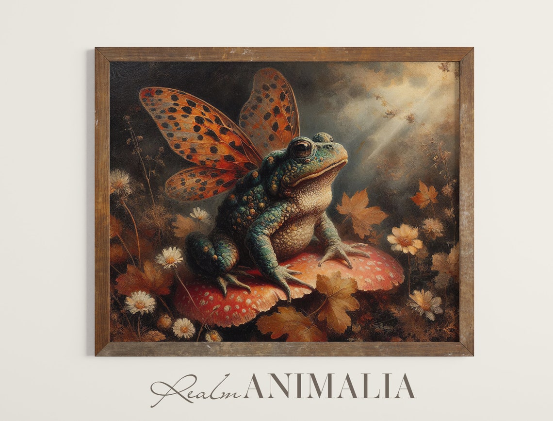 Fairy Toad With Butterfly Wings On Mushroom Autumn Fairytale Art Print