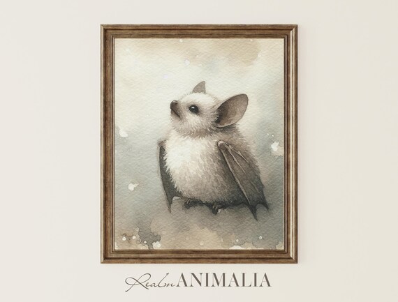 Cute Baby Bat Watercolor Painting White Fluffy Nursery Animal Wall Poster
