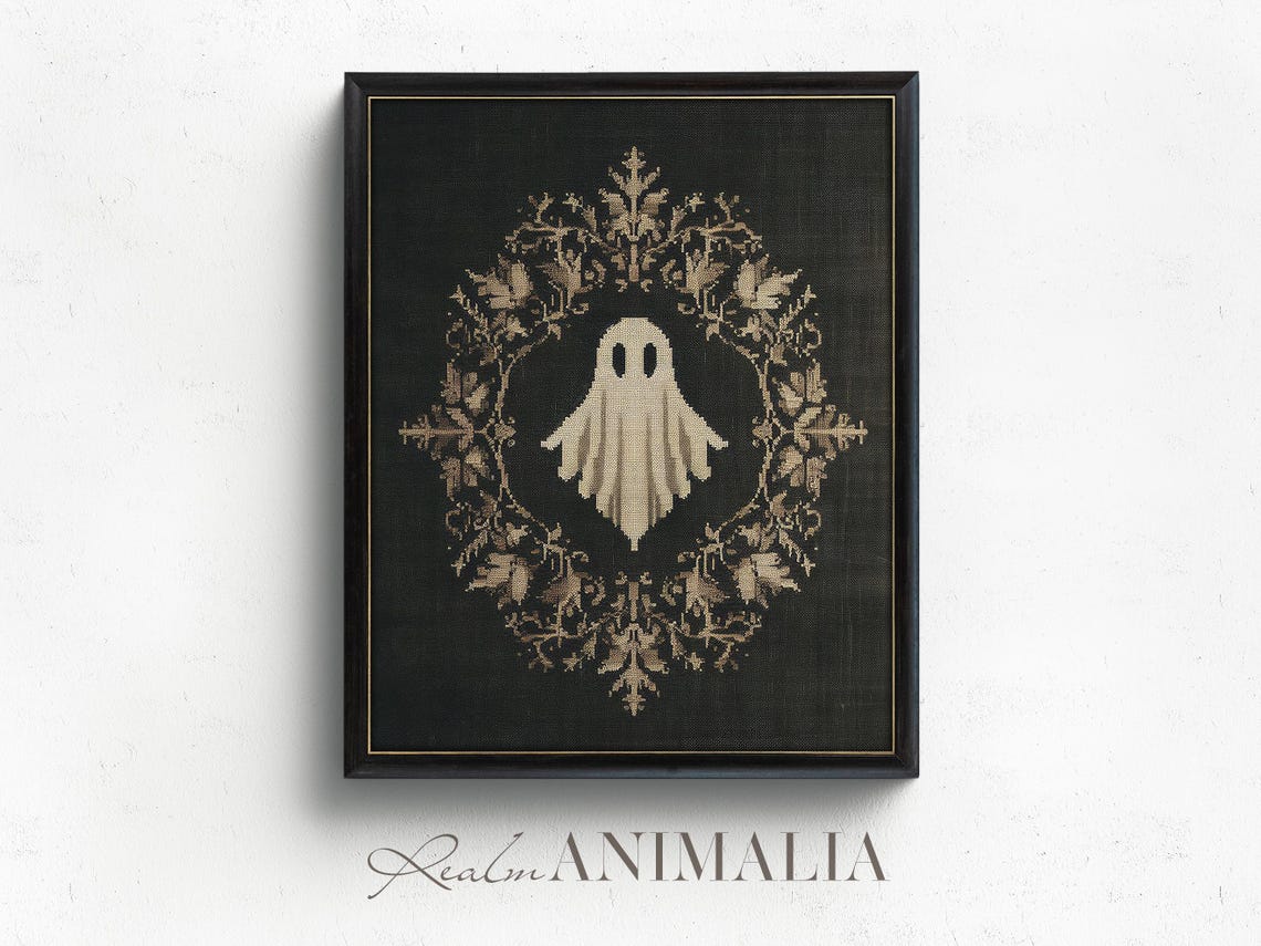 Ghost In Leafy Wreath Medallion Dark Botanical Tapestry Art Print - Image 4