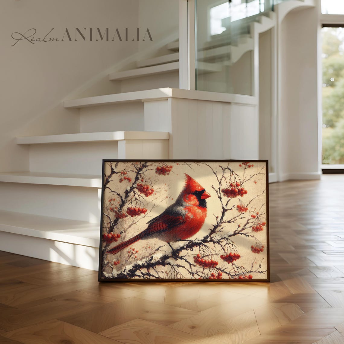 Red Cardinal On Snowy Winter Branch With Red Berries Bird Poster - Image 3