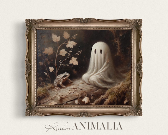 Cute Little Ghost With Frog On Log Autumn Forest Moody Halloween Poster