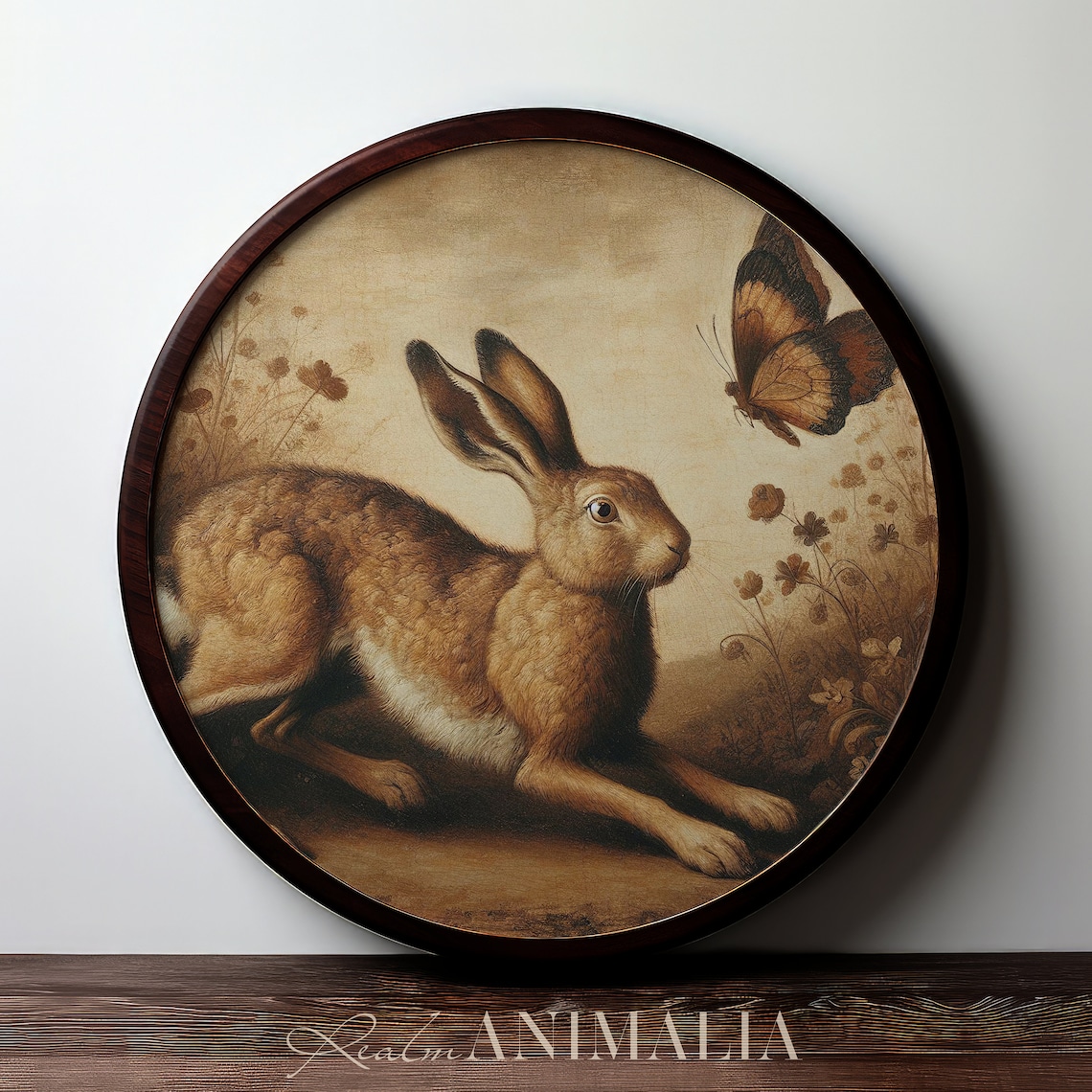 Brown Hare Stretching In Sepia Meadow With Butterfly Vintage Art Print - Image 3