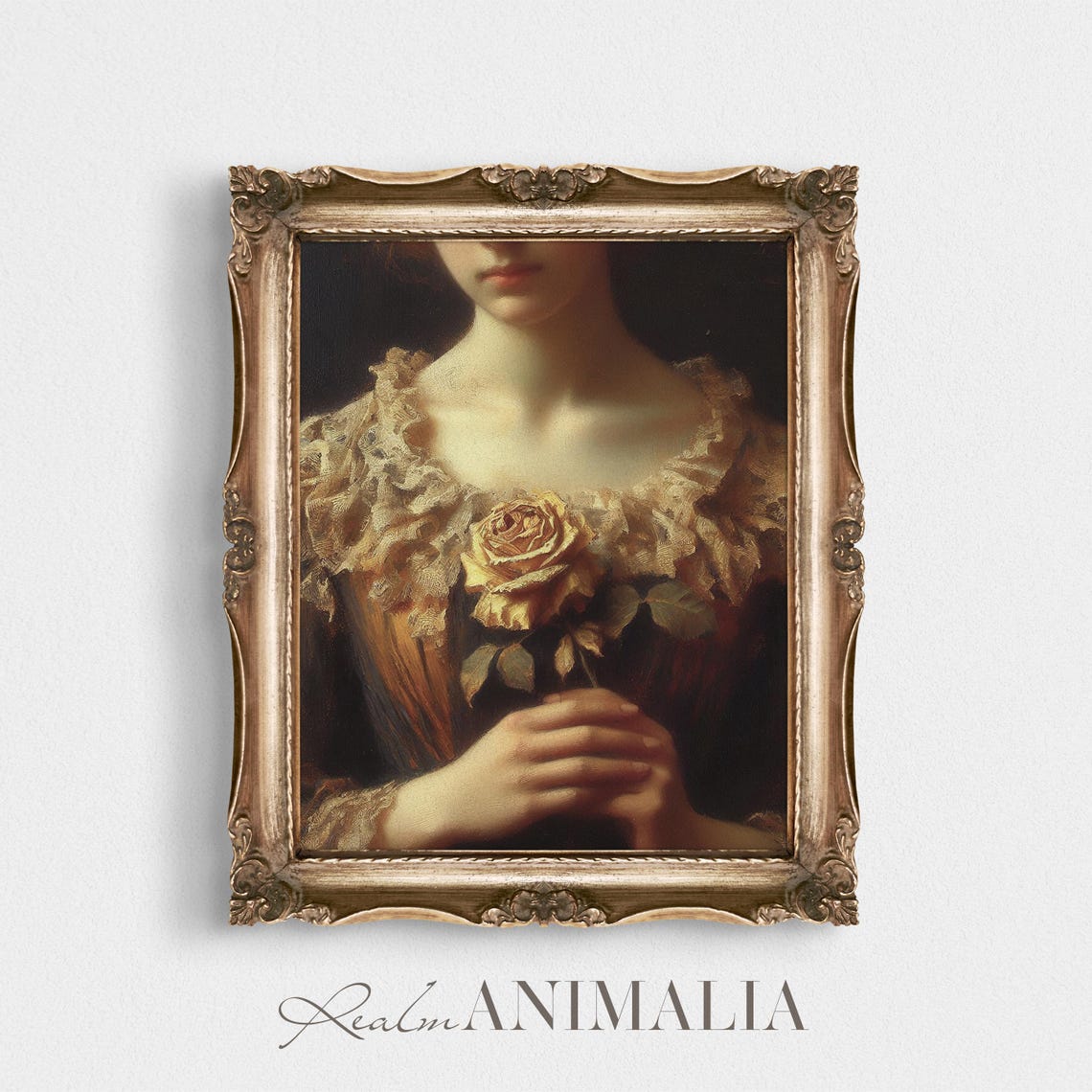 Victorian Woman With Rose Stem Art Print Moody Romantic Female Vintage Portrait Painting Wall Art Dark Floral Art Prints Hu028 - Image 4