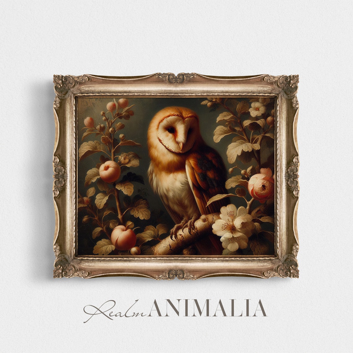Barn Owl On Blossom Branch With Pink Crabapples Vintage Bird Art Print - Image 3