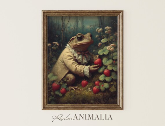 Toad Picking Strawberries Art Print Whimsical Wall Art Moody Fairytale Fantasy Animal Prints Vintage Storybook Painting Td026