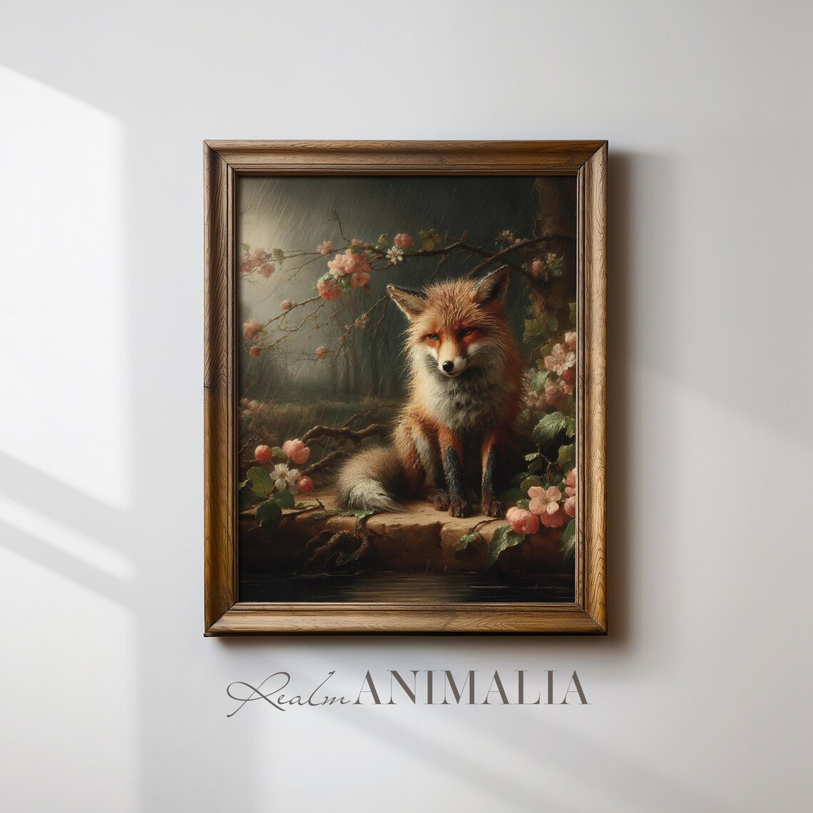 Red Fox Sitting In Spring Rain Among Pink Blossom Branches Moody Woodland Poster - Image 4