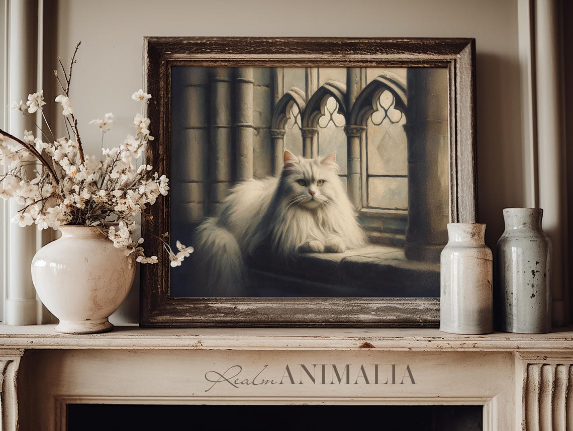 White Persian Cat On Gothic Cathedral Window Moody Portrait Poster - Image 3
