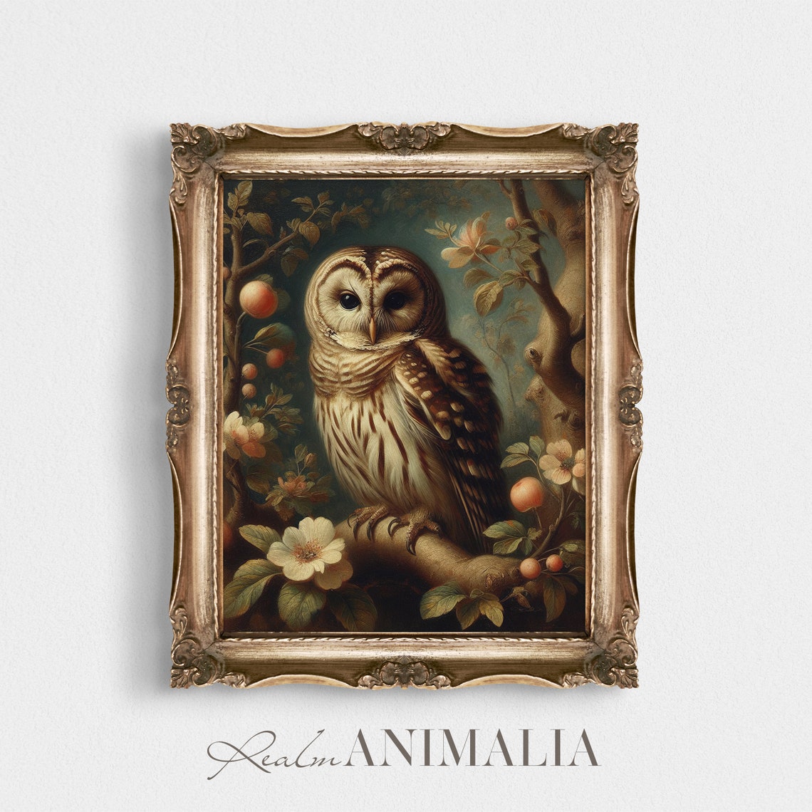 Vintage Barred Owl Oil Painting Blossoming Branch Rustic Bird Poster - Image 4