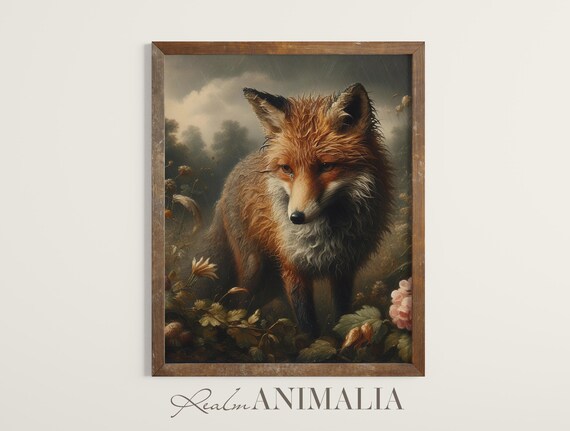 Red Fox In The Rain Moody Wildflower Meadow Vintage Animal Wall Art Print
