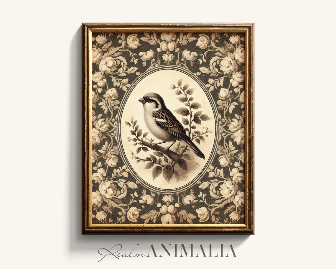 Vintage Sparrow Bird Art Print, Neutral Floral Cottage - Image 4