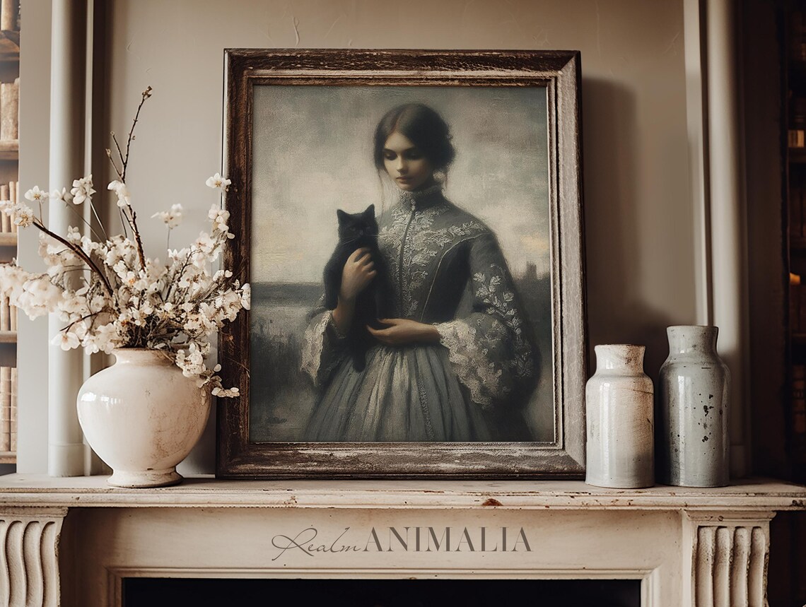 Victorian Woman Holding Black Cat Moody Vintage Portrait Painting Poster - Image 3