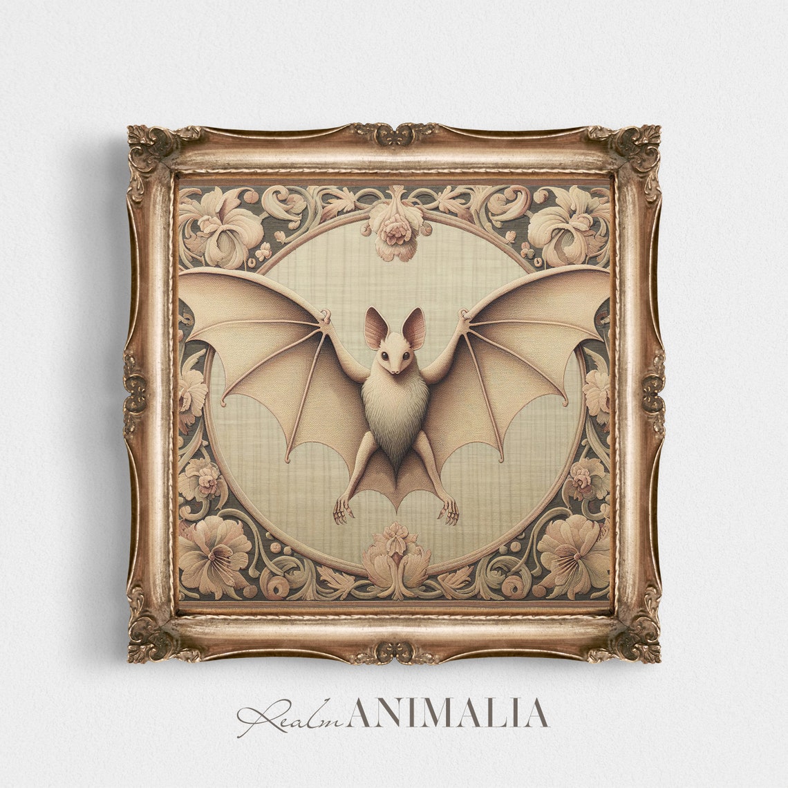 White Bat Floral Tapestry Medallion Vintage Textile Square Art Print - Image 3