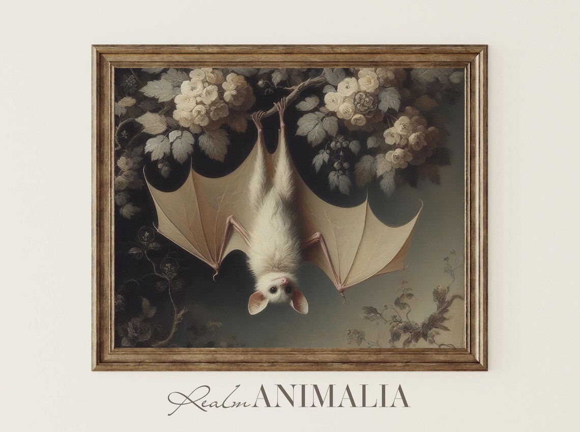 Hanging White Bat Art Print, Cottagecore Botanical