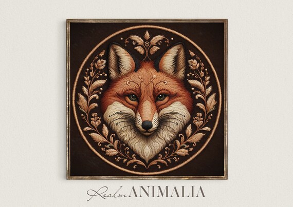 Fox Textile Embroidery Print Square Vintage Moody Fox Wall Tapestry Botanical Forest Animal Fabric Art Em040
