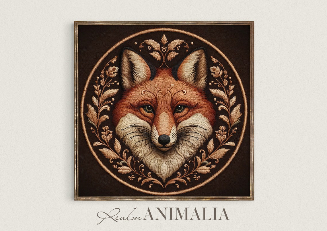 Fox Face Vintage Embroidery Style Botanical Circle Dark Moody Poster