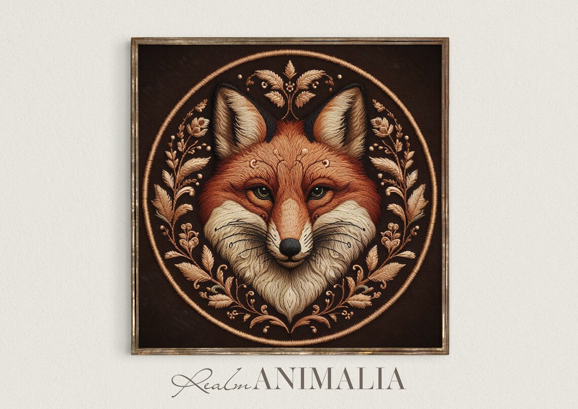 Fox Textile Embroidery Print Square Vintage Moody Fox Wall Tapestry Botanical Forest Animal Fabric Art Em040
