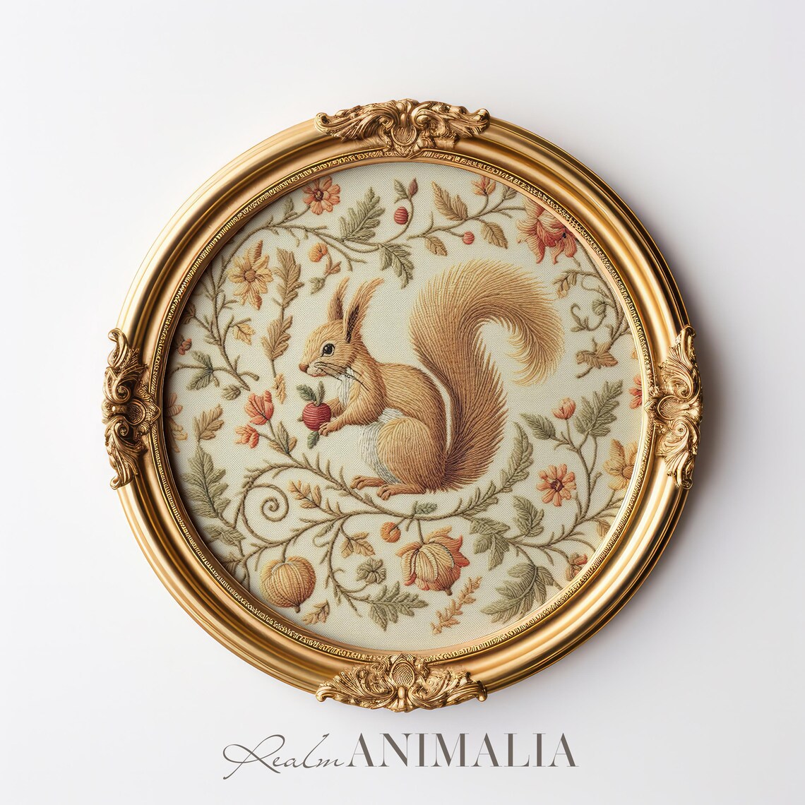 Autumn Squirrel Embroidered Textile Art Berry Floral Square Vintage Poster - Image 4