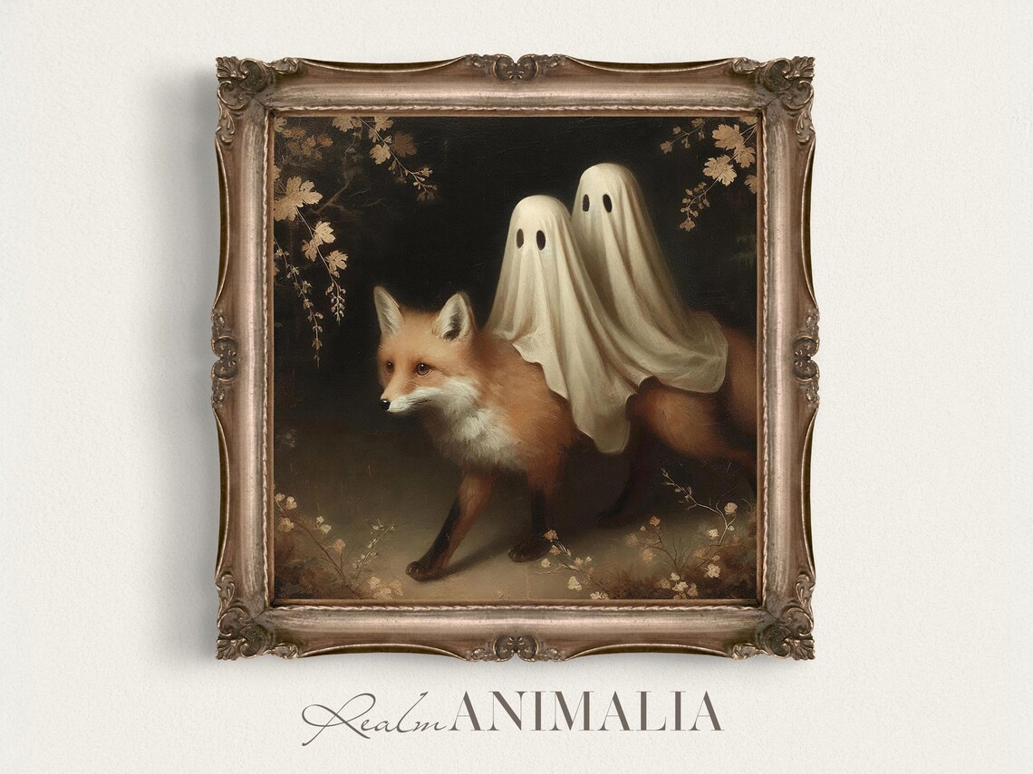 Two Ghosts Riding Red Fox Dark Autumn Forest Moody Halloween Art Poster