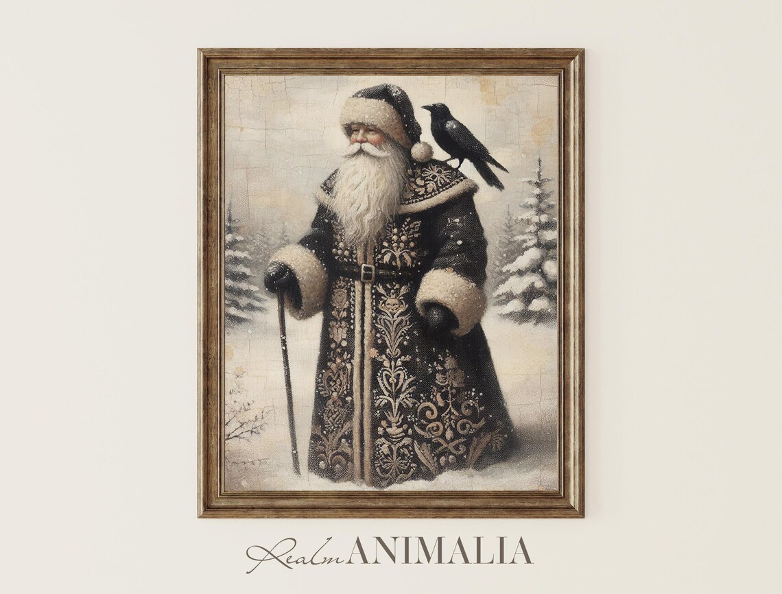 Vintage Santa and Crow Art Print, Antique Style