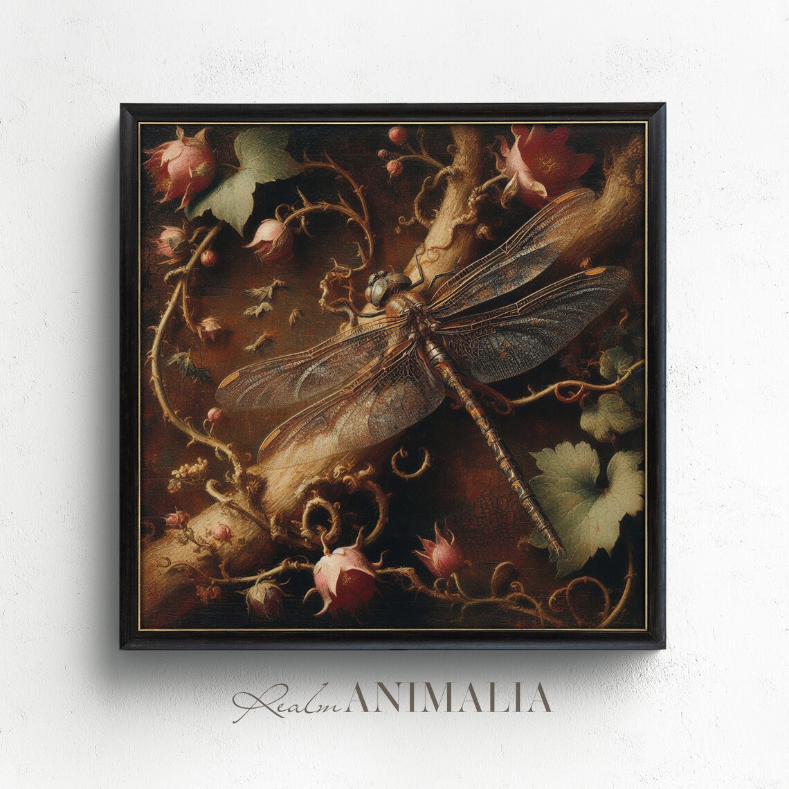 Vintage Dragonfly And Wild Rose Buds Square Moody Insect Wall Art Print - Image 2