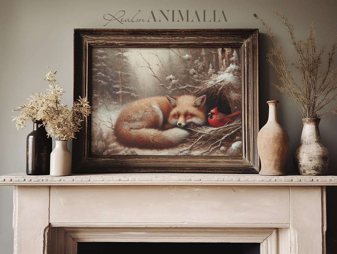 Sleeping Red Fox With Cardinal Bird In Snowy Forest Winter Art Poster - Image 3