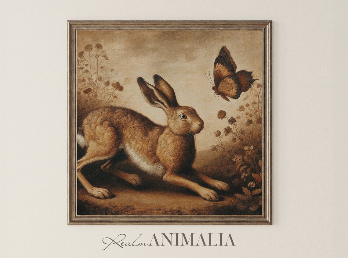 Vintage Hare Square Print Antique Spring Rabbit Wall Art Moody Neutral Summer Rabbit Decor Art Hr007