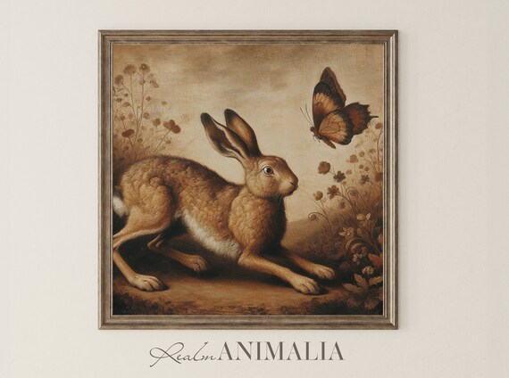 Brown Hare Stretching In Sepia Meadow With Butterfly Vintage Art Print