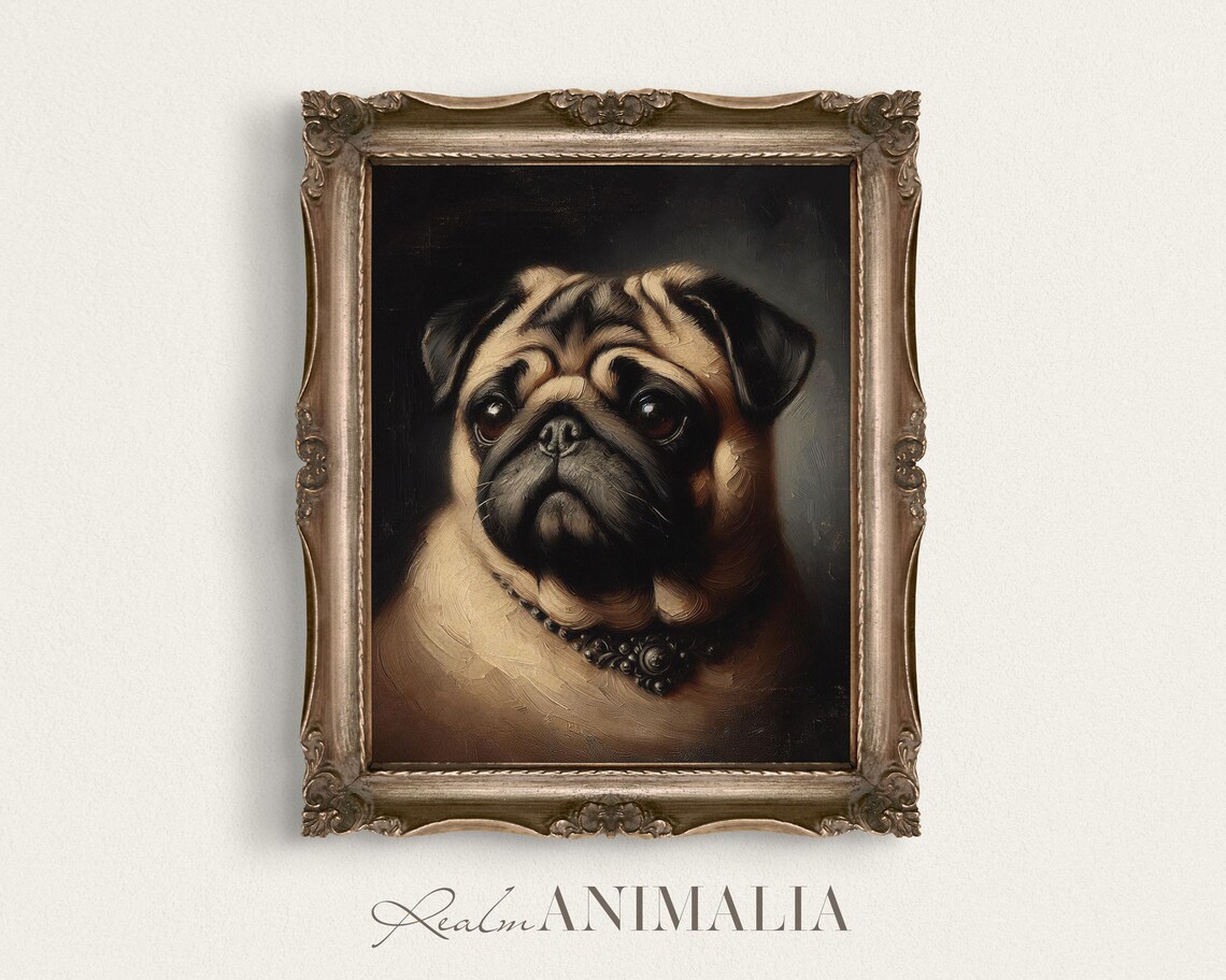Pug Portrait Painting, Vintage Style Pet Art Print