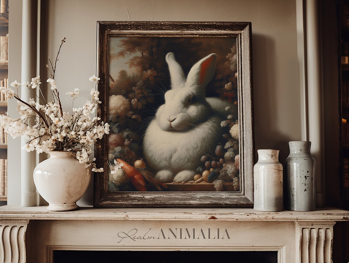Fluffy White Rabbit Among Garden Vegetables And Flowers Vintage Art Print - Image 3