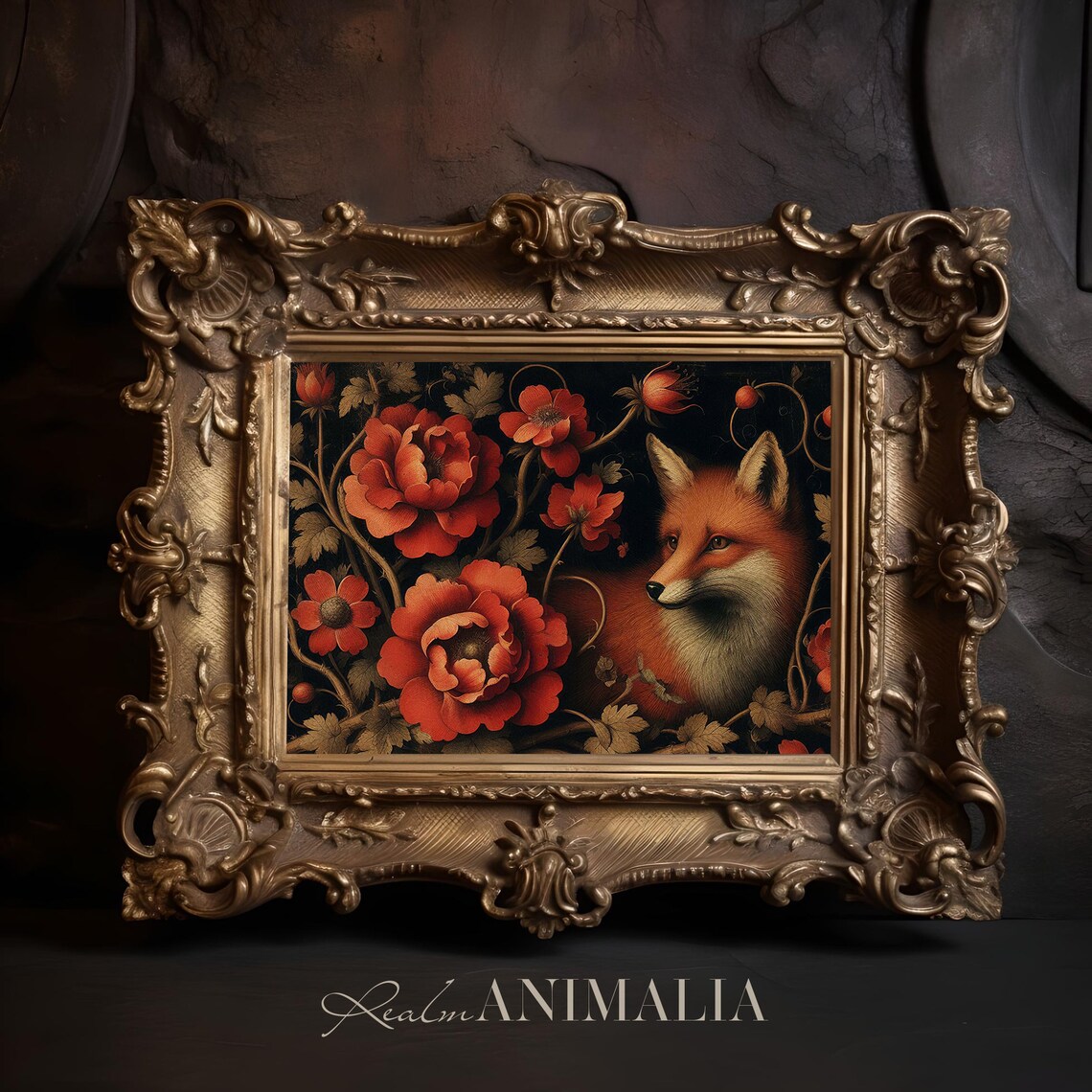 Floral Fox Vintage Oil Painting Red Poppies Dark Botanical Wildlife Poster - Image 3