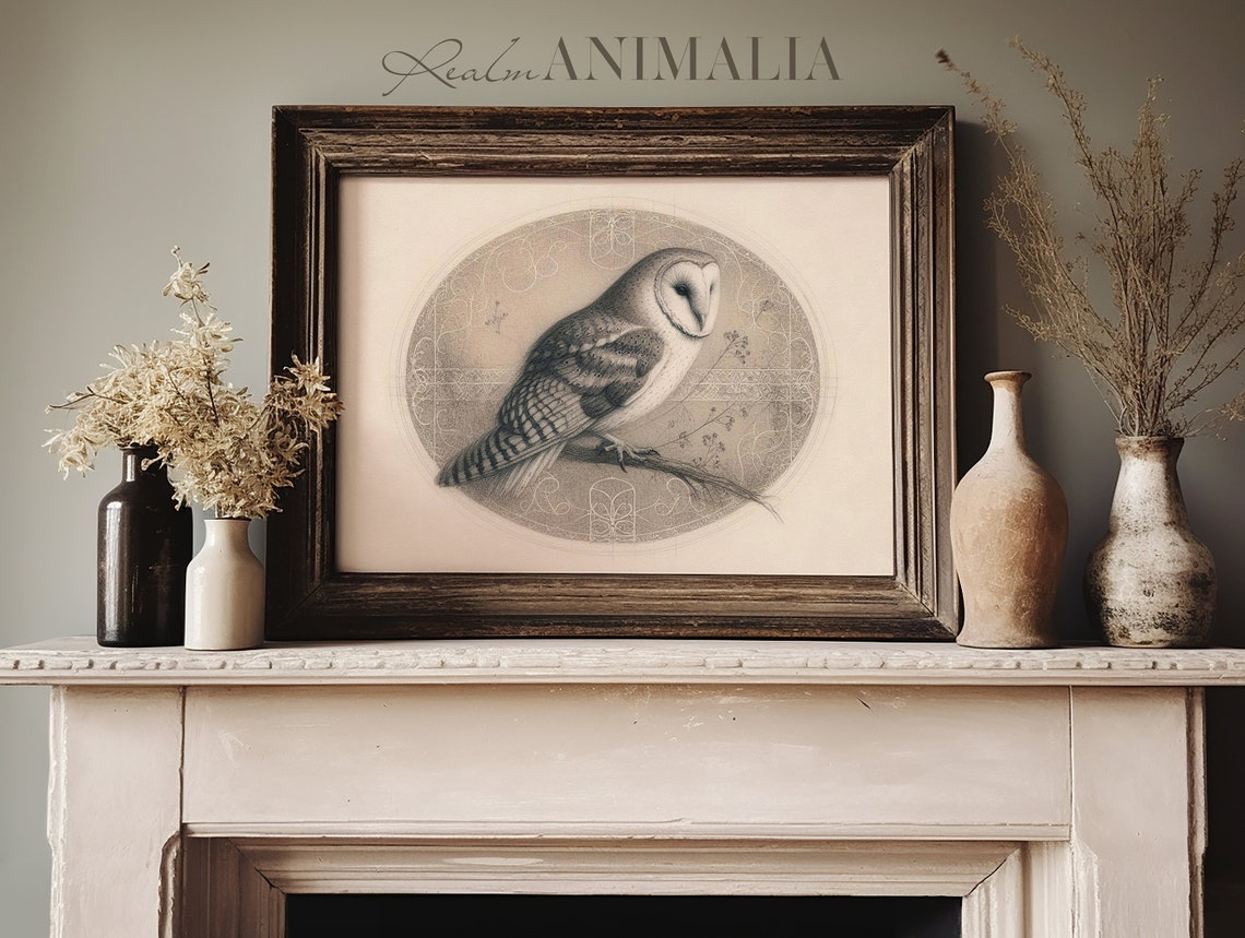 Barn Owl On Branch Oval Sketch Vintage Neutral Bird Drawing Art Print - Image 3
