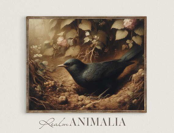 Vintage Blackbird Art Print, Moody Spring Wildlife