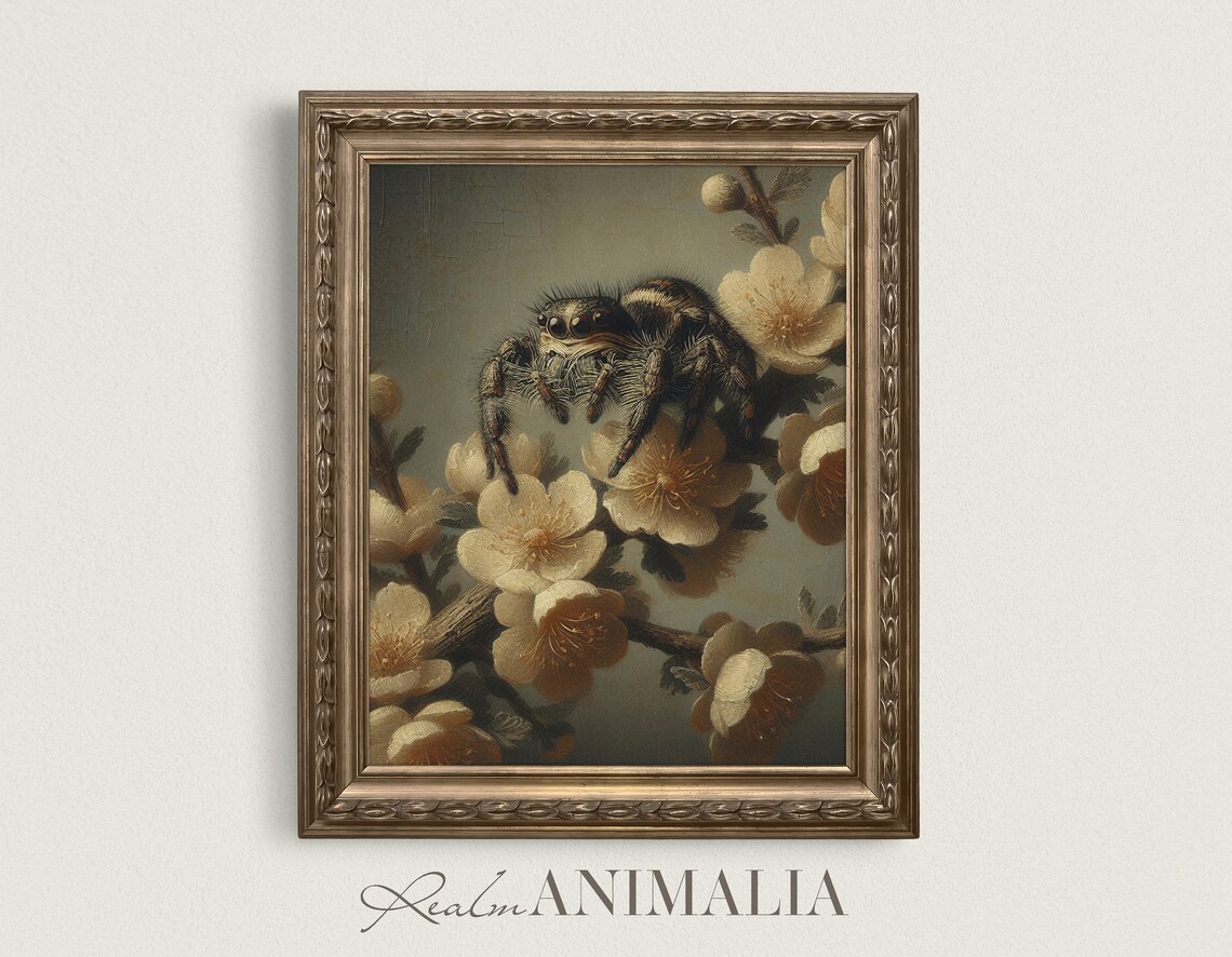 Jumping Spider Floral Portrait, Vintage Art Print