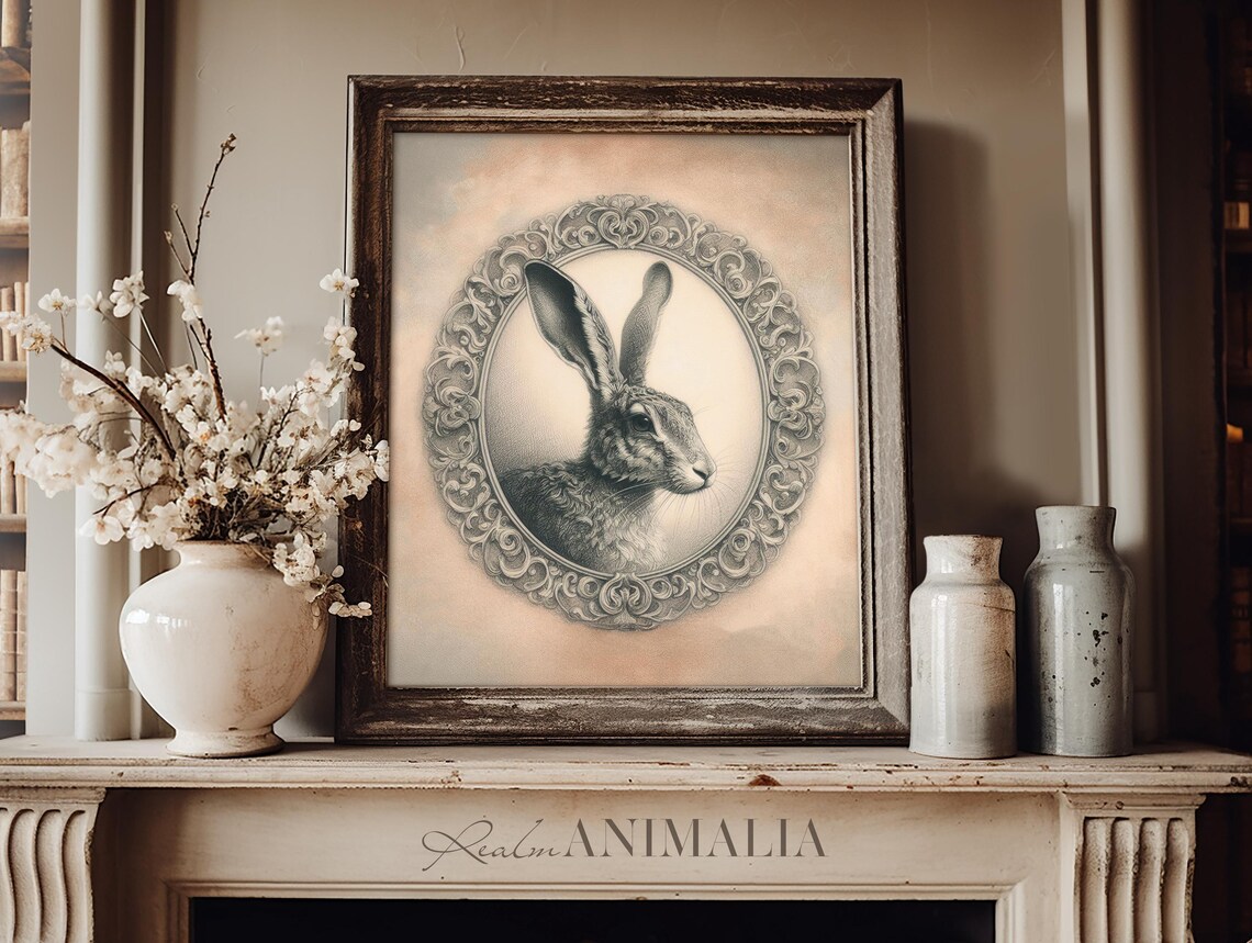 Rabbit Sketch Vintage Hare Illustration Neutral Spring Framed Oval Drawing Print - Image 3