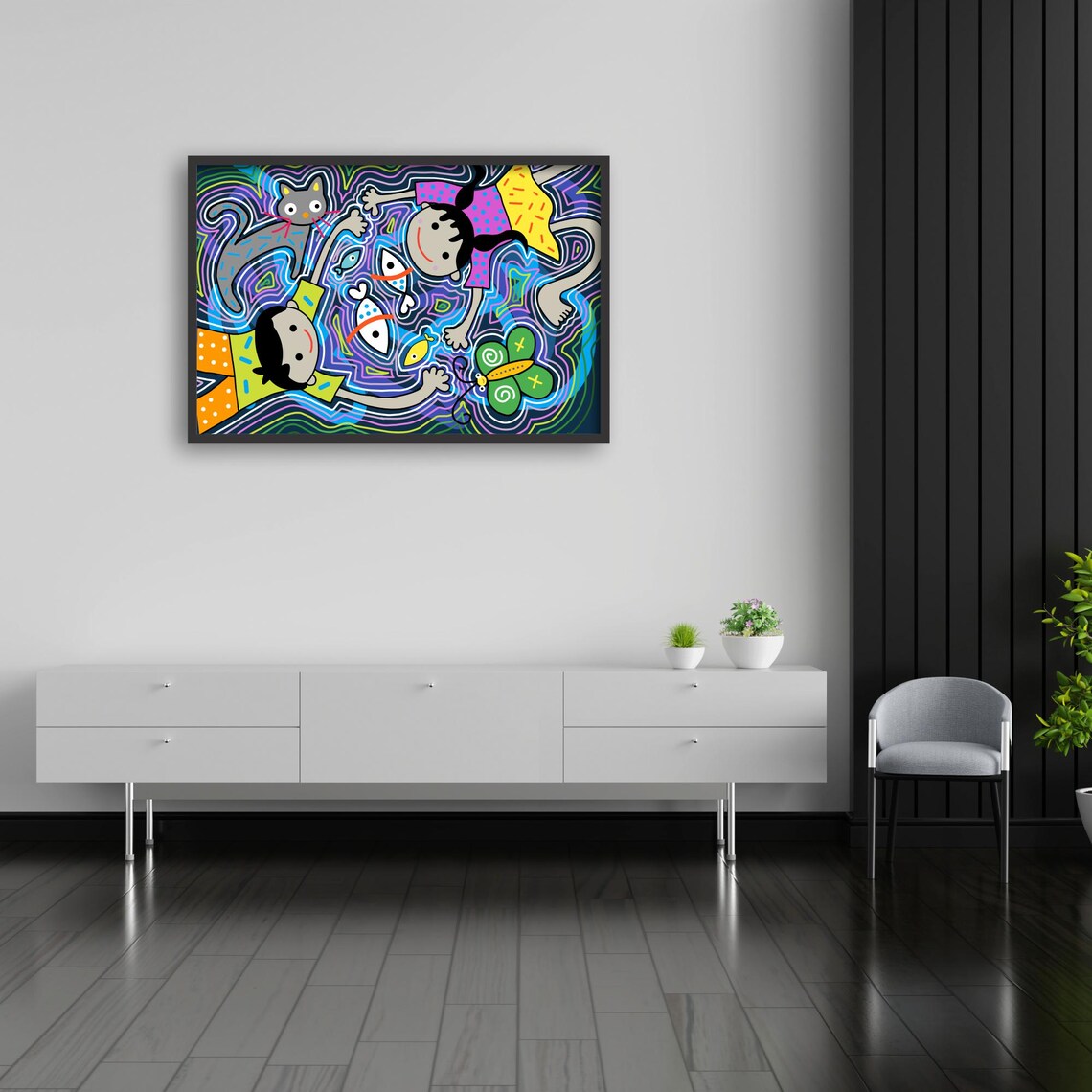 Whimsical Cat Fish Art, Boho Animal Decor - Image 4