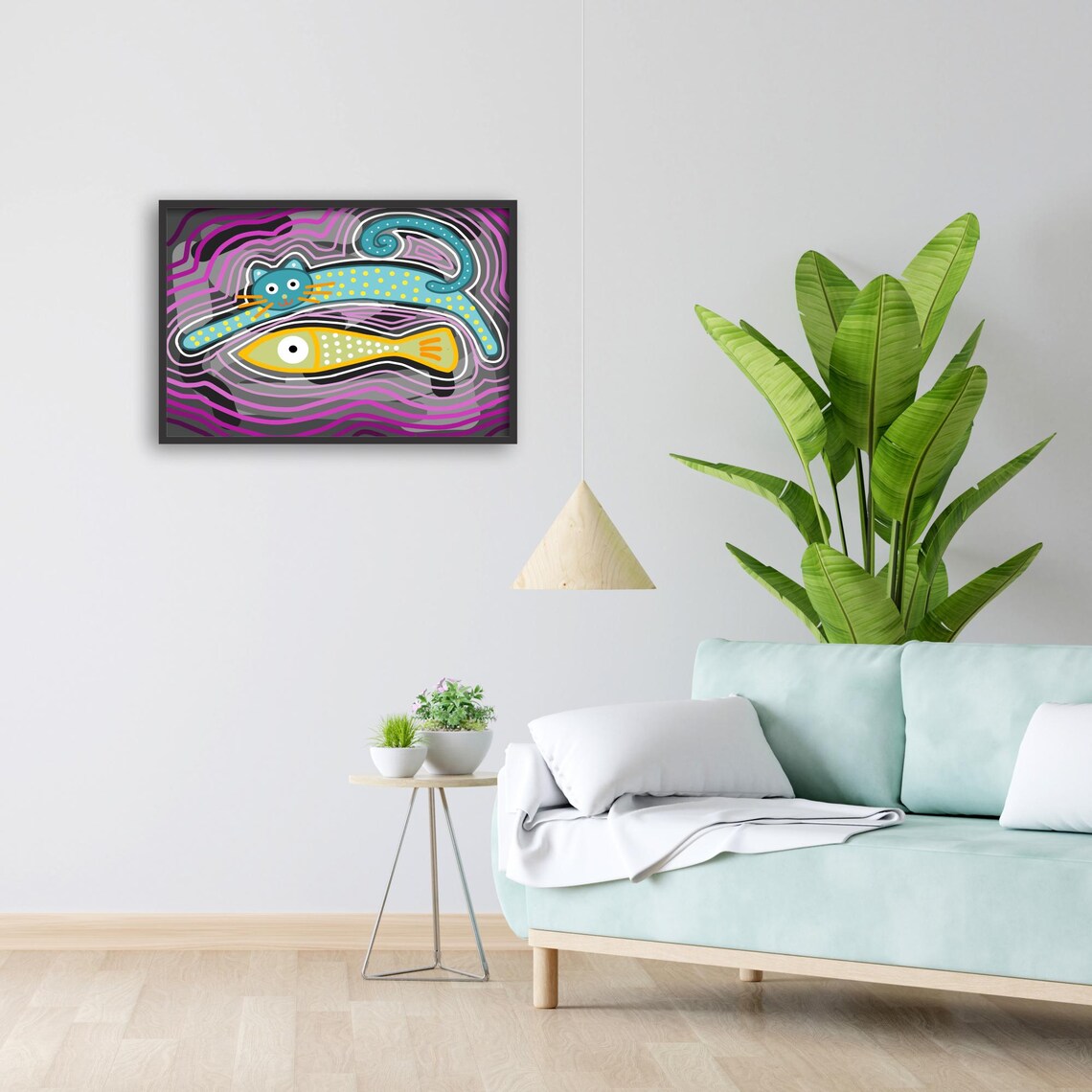 Cat And Fish Art, Whimsical Animal Art Print - Image 2