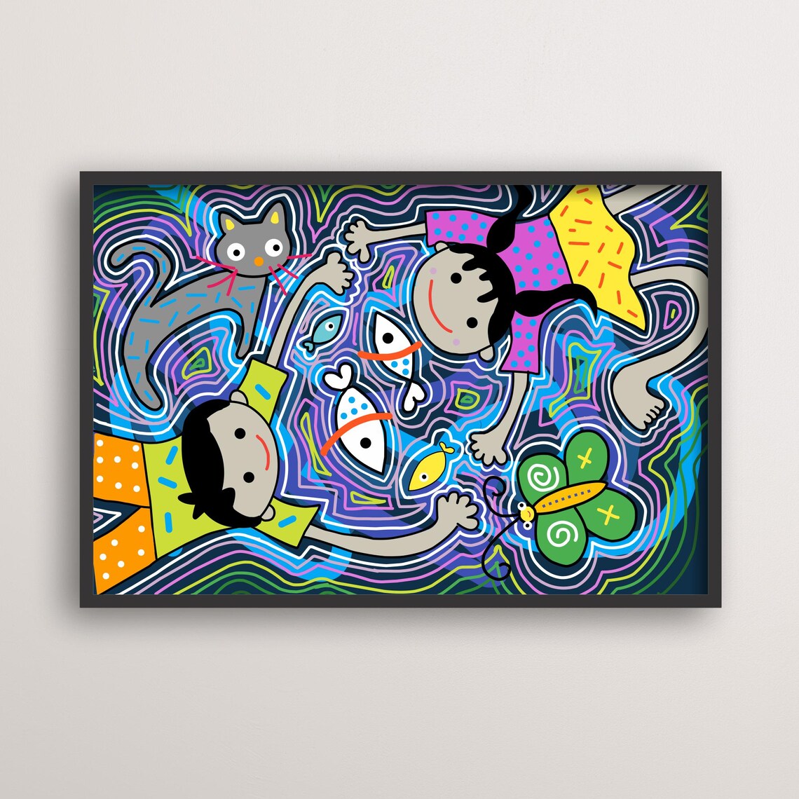 Whimsical Cat Fish Art, Boho Animal Decor