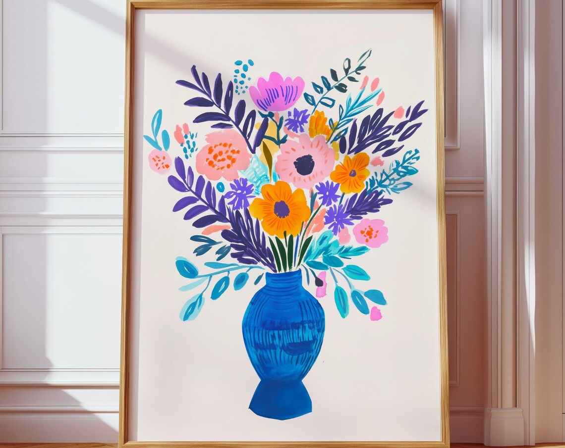 Bright Maximalist Floral Bouquet Cobalt Blue Vase Cheerful Art Poster - Image 2