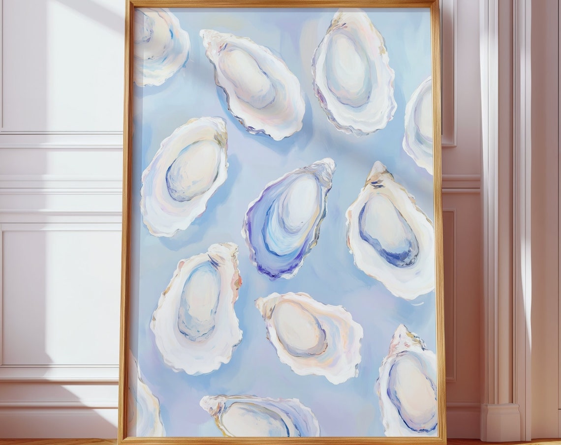Pastel Oyster Shells on Blue Background Coastal Beach House Wall Art