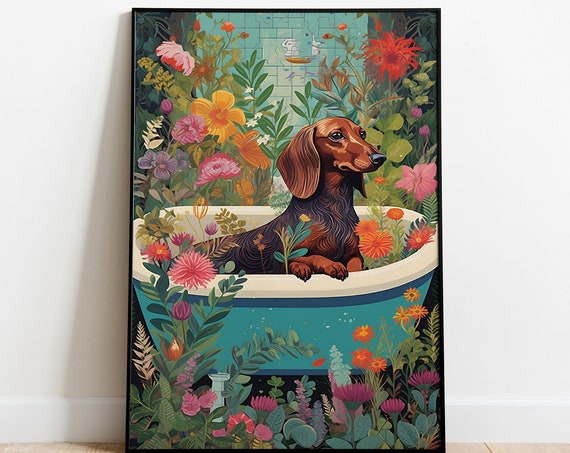 Dachshund Pet Dog In A Bath Wall Art Funny Pet Poster Printable Art Dog Lover Gifts Maximalist Wall Artbathroom Wall Art